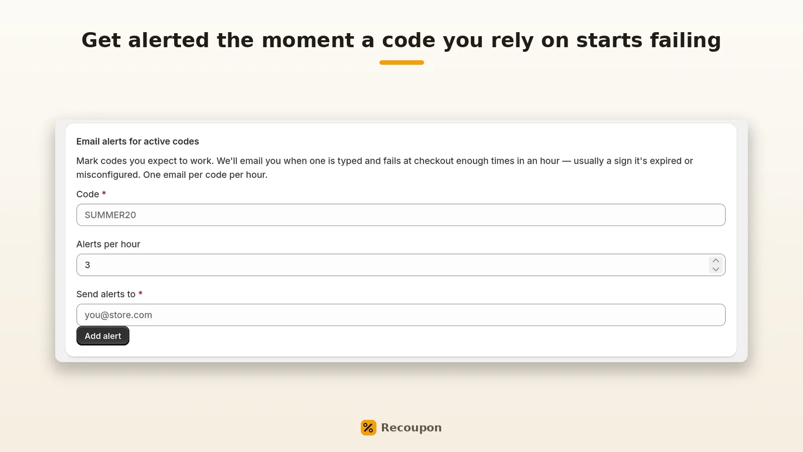 Form to configure email alerts when an active discount code fails